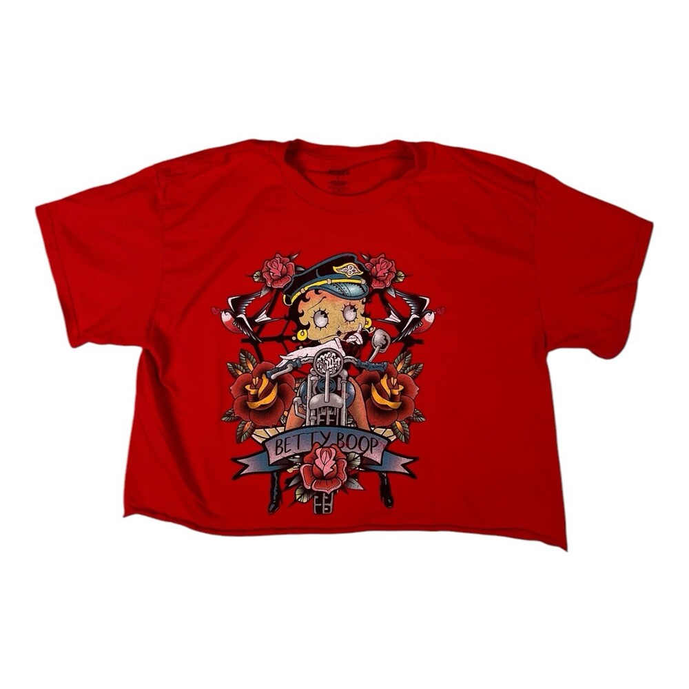 Betty Boop Crop Top T-Shirt Women’s Large Biker Rose Retro Y2K Red